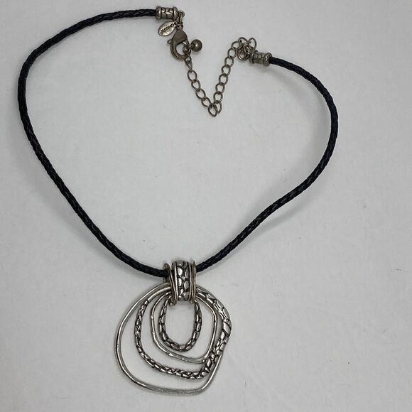 CHICO'S Necklace Concentric Open Irregular Round Textured Silver Tone Black Cord - Picture 2 of 7